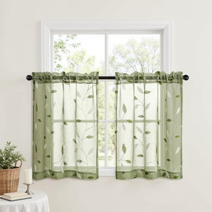 MIULEE Sage Green Sheer Curtains 2 Panels Leaf Patterned, W30 x L30 - color: Sage Green, size: 30"W x 30"L (Pack of 2)