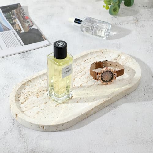 Natural Travertine Marble Tray, Bathroom Dresser Tray for Countertop, Decorative Dish Organizer for Jewelry, Toiletries, Cosmetics, Incense, Candles