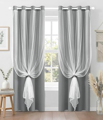 100% Blackout Curtains with Sheer Overlay, Grey, 52 x 84 inch, 2 Panels - color: Grey, size: 52"W x 84"L (Pack of 2)