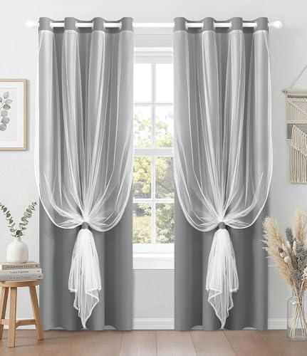 100% Blackout Curtains with Sheer Overlay, Grey, 52 x 96 inch, 2 Panels - color: Grey, size: 52"W x 96"L (Pack of 2)