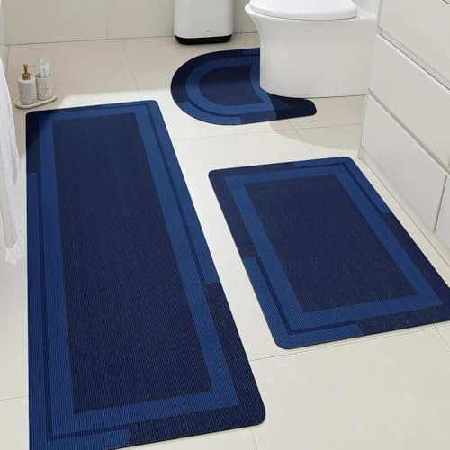 ACCUMTEK Non Slip Bath Mat, Thin Bathroom Rugs Fit Under Door, Quick Dry Bath Mats, Machine Washable Bath Rugs for Bathroom, Bathtub & Kitchen, Bathtub,Dark Blue/Bordered/3 Piece - color: Dark Blue, size: 24"x17"+48"x20"+U Shape 24"x20"