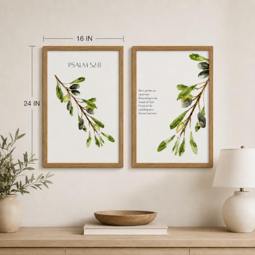 2Pcs Framed Psalm 52:8 Canvas Wall Art Scripture Botanical Deco 24x16 Inch - color: Olive branch, size: 24"L x 16"W