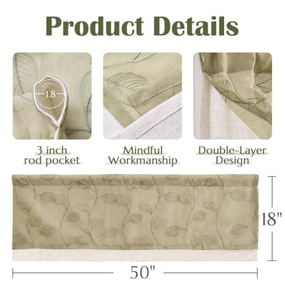 jinchan Linen Valance Curtain Green Sheer Leaf Embroidered 18 Inch 1 Panel - color: Leaf Sage Green