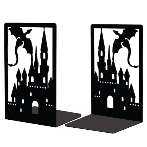 Peacoblue 4.7"x3.5"x7" Metal Bookends, Heavy Duty Book Ends for Shelves - color: Dragon Castle