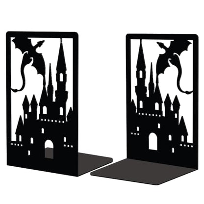 Peacoblue 4.7"x3.5"x7" Metal Bookends, Heavy Duty Book Ends for Shelves - color: Dragon Castle