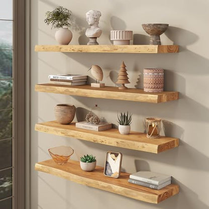 fuqing Live Edge Floating Shelves for Wall, 30 Inch Solid Elm Wood Shelves - color: Natural Elm Live Edge - 8"d, size: 30"L - 2Packs