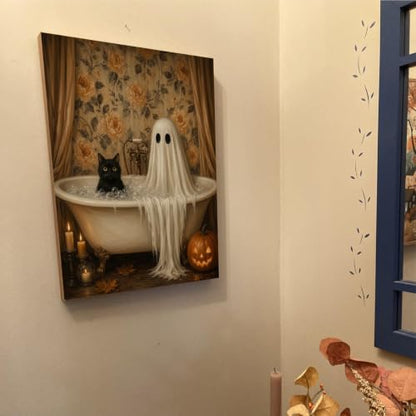 Halloween Wall Art Decor, Ghost Cat Bath Canvas Print Framed 8x10 Inch - color: N