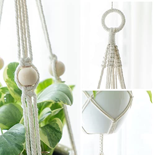 Mkono Macrame Double Plant Hanger Indoor Outdoor 2 Tier Hanging Planter Basket Cotton Rope with Beads 4 Legs 49 Inches (Pack of 3) - size: 49" (Pack of 3)