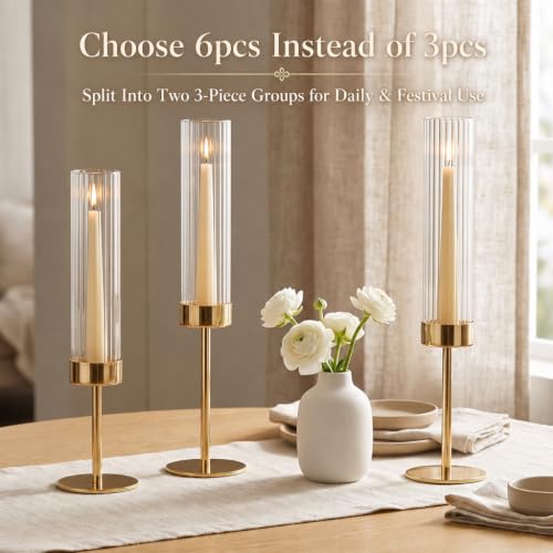 Gold Hurricane Taper Candle Holders,2 Sets(6 Pcs) Brass Candlestick Holders with Ribbed Glass Cylinder, Table Centerpiece Decor for Wedding, Party, Halloween,Christmas & Home Decoration