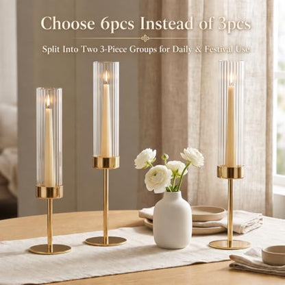 Gold Hurricane Taper Candle Holders,2 Sets(6 Pcs) Brass Candlestick Holders with Ribbed Glass Cylinder, Table Centerpiece Decor for Wedding, Party, Halloween,Christmas & Home Decoration