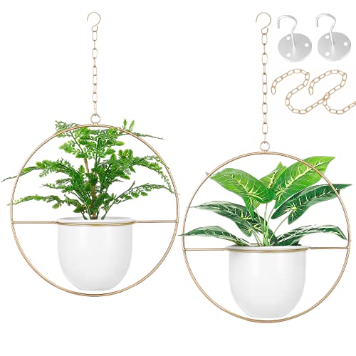 2 Pack Hanging Planter with 5.5" Pot, Metal Hanging Plant Holder - color: Gold & White