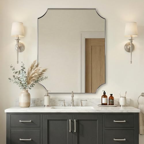 ANDY STAR Scalloped 32"x40" Brushed Nickel Wall Mounted Mirror - color: Brushed Nickel, size: 40"L x 32"W
