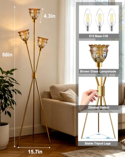 Lightdot Amber Glass Tripod Floor Lamp Dimmable Gold Floor Flower Lamps - color: Amber-Gold-79F