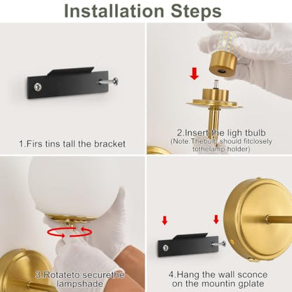 Globe Battery Operated Sconce Set of 2 with Clear Glass Lampshade - color: Gold- Frosted White