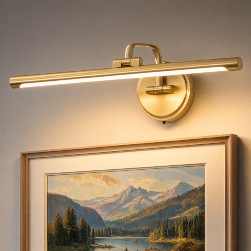 Hard-Wired Picture Light for Wall,16'' Inch Modern Brass Metal Body Dimmable Frame Light with Adjustable Swing Arm 3CCT LED Art Display Light for Paintings Gallery 6W Wall Light, Hallway Vanity Light - color: Gold, size: 16 inches