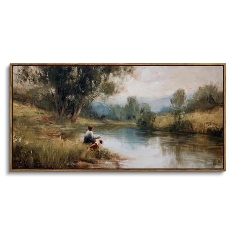 ARPEOTCY Large Landscape Wall Art, Nature Farmhouse Paintings Arts 20×40 in - color: Boy Fishing, size: 40"L x 20"W