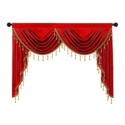 ELKCA Luxury Burgundy Red Velvet Curtain Valances for Living Room with Beads(59inch,1 Panel) - color: Burgundy Red, size: 59"W x 43"L (Pack of 1)