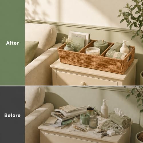 2PCS Rattan Pantry Organizer Baskets with Removable Dividers
