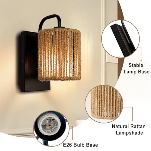Boho Wall Sconce Rattan Wall Light Fixtures Hemp Rope Sconces - color: Woven Rattan Style