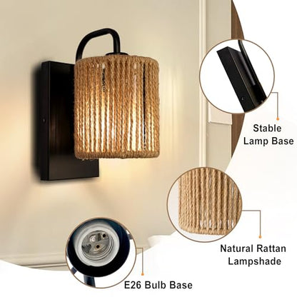 Boho Wall Sconce Rattan Wall Light Fixtures Hemp Rope Sconces - color: Woven Rattan Style