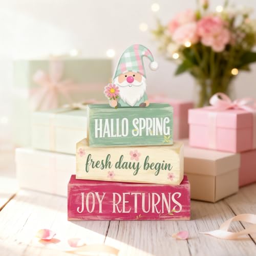 Spring Decoration Wooden Tiered Tray Decor – Rustic Hallo Spring Stacked Block Sign with Spring Gnome Topper – Farmhouse Tabletop Spring Decor for Living Room Shelf Kitchen Seasonal Home Display - style: Gnome