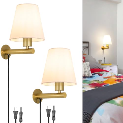 Gold Plug in Wall Sconces Set of Two, Brass Wall Sconce Lights for Bedroom Plug in, Wall Lamp with On/Off Switch Cord, Bedside Plugged Wall Mounted Light with Fabric Linen, Wall Decor for Living Room - color: Gold, size: 6.3in-B