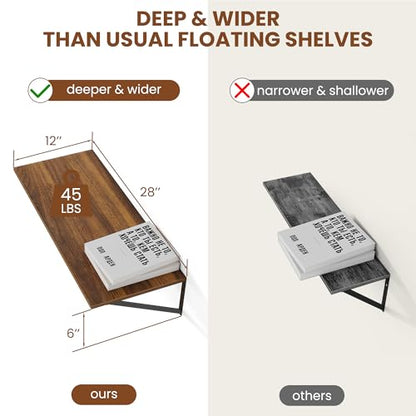 Heimlove 28W x 12D Deep Floating Shelves Set of 2 Walnut - color: Walnut With Black Metal Bracket, size: 28Wx12Dx5.8H