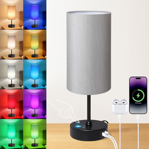 Unicozin Table Lamp for Bedroom, 3 Color Temperatures, 7 RGB Colors, Adjustable Brightness, Dual USB Charging Ports, Ambience Nightstand Light with Grey Shade, Desk Lamp for Kids Reading Home Office - color: Grey-Black, size: 14.5in