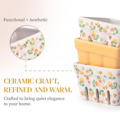 BIEN BEAU Ceramic Berry Basket Set of 4, Floral Fruit Colanders for Kitchen - color: Yellow