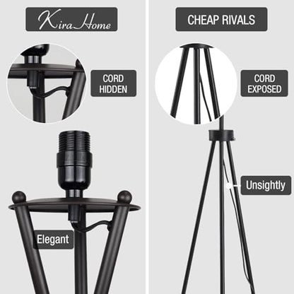 Kira Home Sadie 61" Mid-Century Modern Tripod Tall Floor Lamp - color: Black Finish,Black Shade