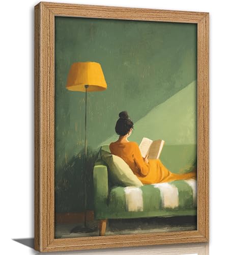 Framed Girl Reading Book Canvas Wall Art, Modern Impressionist Oil Painting Prints, Cozy Reading Nook wall decor, Green Warm Tone Modern Poster Artwork for Living Room Bedroom Library Office,8x10in - color: girl reading, size: 10"Lx8"W