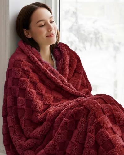 Utopia Bedding Plush Checkered Fleece Blanket Burgundy Throw, 50x60 Inch - color: Burgundy, size: Throw