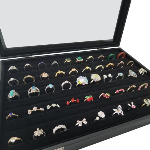 Women Ring Storage Box with 100 Slots & Clear Glass Lid - color: Black-100 rings