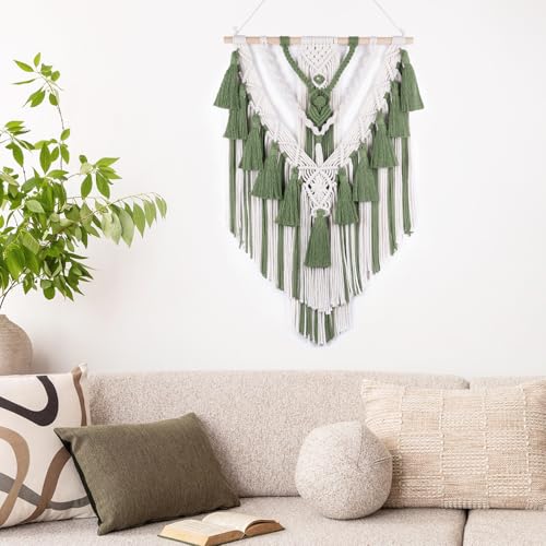 EOBTAIN Green Macrame Wall Hanging Handmade Boho Macrame Wall Decor with Yarn Tassel Bohemian Tapestry Woven Wall Art for Living Room Bedroom Home Apartment Nursery Dorm Decorations,16" W x 26" L - color: Green