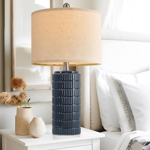 PoKat 23" Blue Table Lamps, Farmhouse Bedside Lamps for Bedroom Set of 2, Ceramic End Table Lamps for Living Room, Traditional Nightstand Desk Lamps, Medium - color: Dark Blue