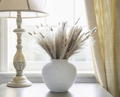 White Textured Ceramic Vase, Round White Pottery Vase for Home Decor - color: Ivory White