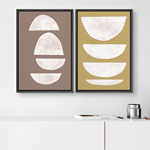 SIGNWIN Framed Canvas Print Wall Art Set Brown White Geometric Semi-Circles Abstract Shapes Illustrations Modern Art Minimal Boho Relax/Calm for Living Room, Bedroom, Office - 16"x24"x2 Black - color: A16-2202-fo13, size: 16"x24"x2 Panels Black