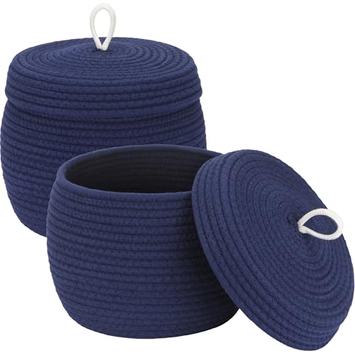 Sea Team Round Woven Cotton Rope Storage Basket with Lid, Navy, 2-Pack - color: Dark Blue, size: Small/2-Pack