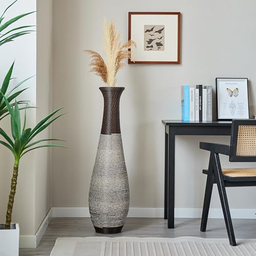 39-Inch Tall Rattan Floor Vase - Dark Brown Two-Tone Floor Vase for Living Room, Entryway, Bedroom Decor - Artificial Woven Accent Flower Pot with Weighted Base (39" H, Dark Brown) - color: Black+ Gray2