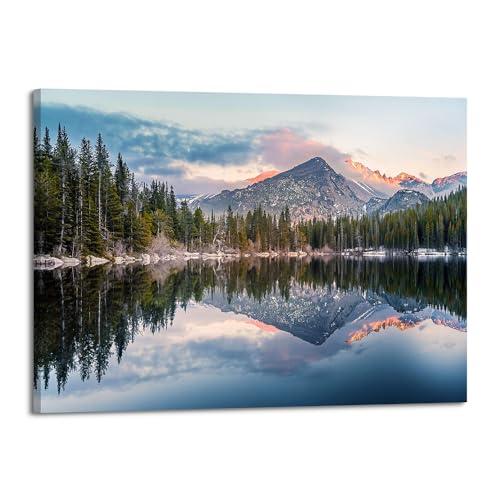 Lake Landscape Canvas Wall Art: Nature Mountain Sunset Artwork Woodland Water Scenery Painting for Bedroom - color: Lake Mountain, size: 24"L x 16"W