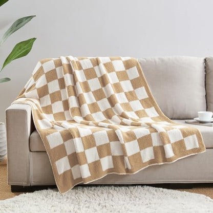 CozeCube Beige White Reversible Checkered Knit Throw Blanket 50"x60" - color: Khaki Tan, size: 50"x60"