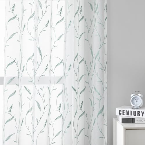 Teal Blue Leaf Semi Sheer Curtains 63 Inches Long 2 Panels for Kids Bedroom,Floral Embroidered Faux Linen Sheer Kitchen Curtain Drapes Rod Pocket Leaves Vine Sheer Short Window Treatments - color: Blue, size: 52"W x 63"L (Pack of 2)