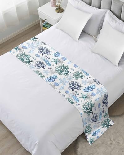 DecorLovee Blue Coastal Bed Runners for King Size Bed, Beach Nautical Bed Throws for Foot of Bed, Ocean Coral Starfish Seaside Bed Runner Sofa Throw Bedding Scarf Protector Slipcover for Bedroom - color: Blue Coastal, size: 94"x20" for King Bed