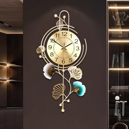 FILLOVE Elegant Metal Wall Clock with Silent Round dial and Gold and Blue Leaves, Modern Non-Walking Silent Metal Wall Clock for Living Room, Bedroom, Study, Office (25in*12in) (Gold Leaf) - color: Gold Leaf