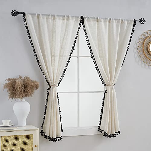 Natural Linen Blended Farmhouse Curtains 63 Inches Long Boho Curtains & Drapes Country Style for Bedroom (W40 x L63, Black Tassel) - color: Black, size: 40"W x 63"L (Pack of 2)