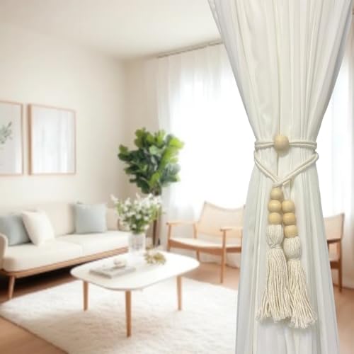 Wooden Beads Tassel Curtain Tiebacks, Curtain Tie Backs for Curtains 2 Pack, Sheer/Drapery Curtain Holdbacks, Rope Curtain Tie Backs, Boho Curtain Tiebacks for Mordern Farmhouse Home Office