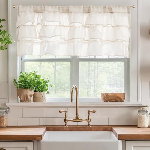 jinchan Ruffled Valance Curtain Shabbychic Farmhouse 18 Inch 1 Panel Beige - color: *Breeze Beige