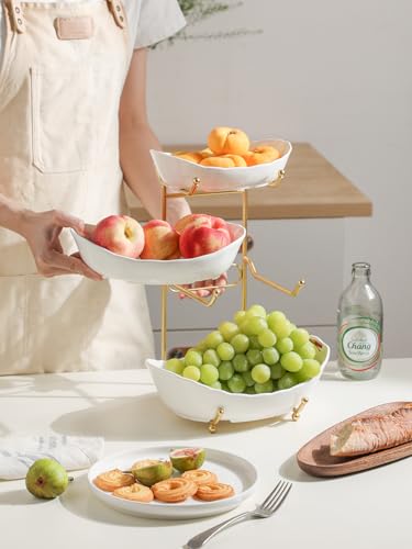 Kanwone Fruit Bowl for Kitchen Counter - 3 Tier with No Assembly Gold Stand & White Ceramic Bowls, Tiered Fruit Basket for Storage, Vegetables, Cake Display, Party Serving & Home Decor - size: 3 Tier