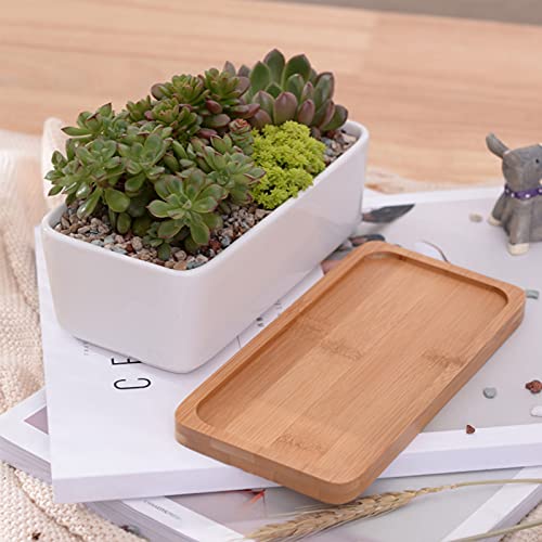 White Ceramic Succulent Planters, Indoor and Outdoor Succulent Planters, Set of 2 Small Cactus Containers, Bonsai Pots, Flower Pots with Drainage Hole and Bamboo Bowl (No Plant) - color: Rectangular