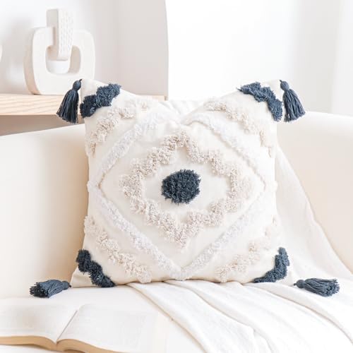NUYECY Decorative Farmhouse Throw Pillow Covers 16 x 16,Modern Neutral Couch Pillow Cover,Cotton Checked Pattern Boho Square Pillow Case Cover for Couch Bed Sofa Bedroom,Blue&Beige&White - color: Blue, size: 16" x 16" (Pack of 1)